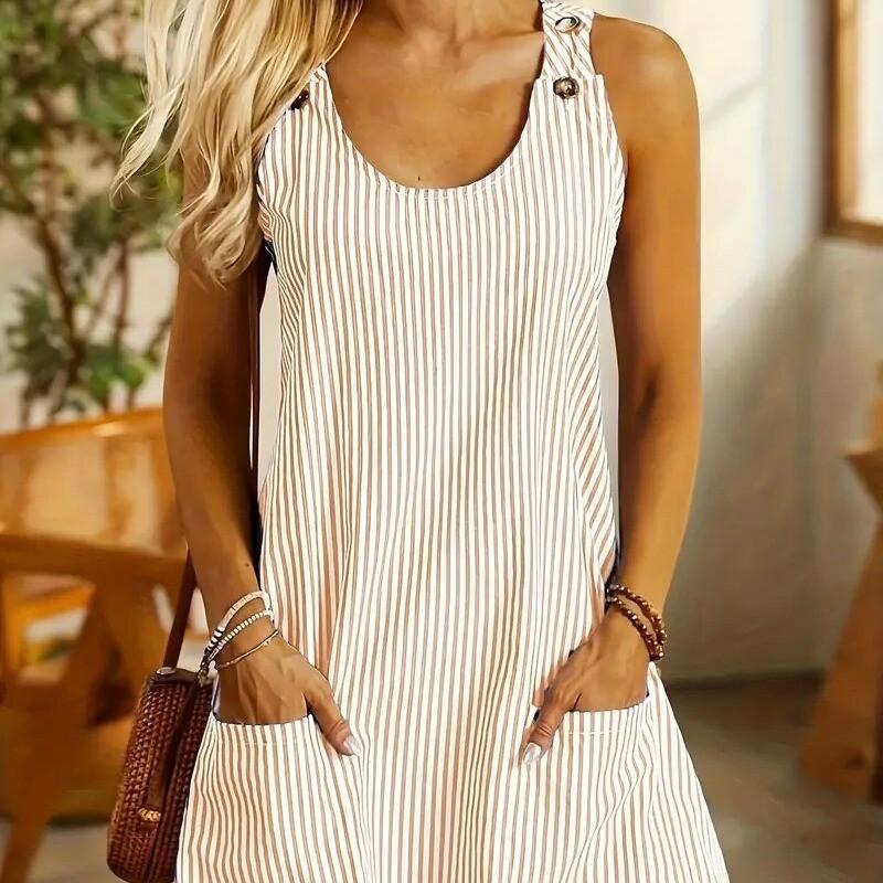 Casual Cotton Polyester Striped Pocket Aline Dress For Spring And Summer Wear