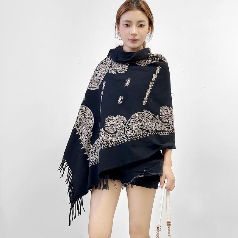 Autumn and winter scarves new versatile embroidered cashew nut scarves women's thickened warm fringed shawls