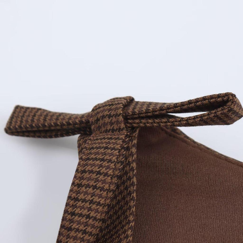 Retro kostkované jednodílné šaty na ramínka s mašlí - Evropský a americký styl