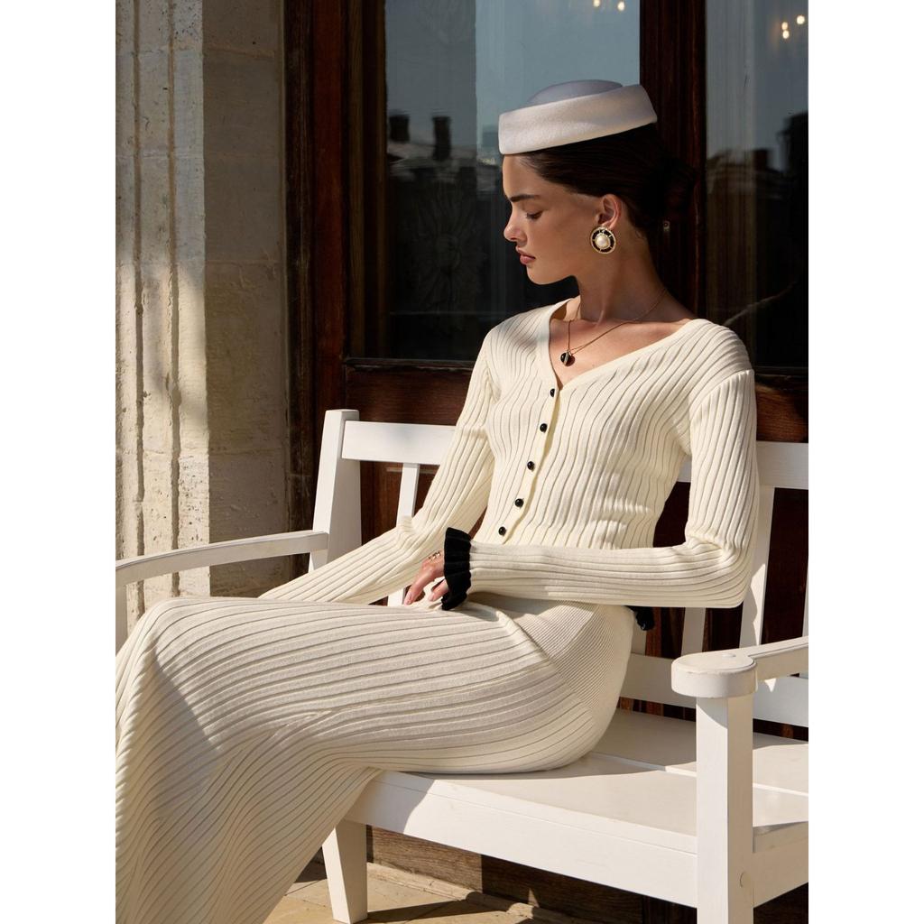 French Elegant Ruffle Edge Tight Knit Two-piece Set Women's Autumn and Winter Temperament Dress Set