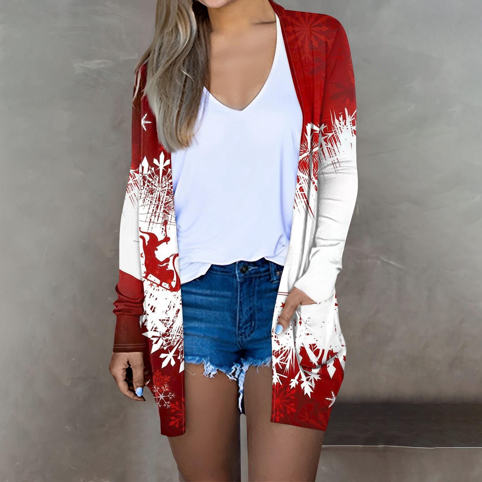 

Женская мода, повседневный рождественский принт, кардиган средней длины, куртка, пальто L белый