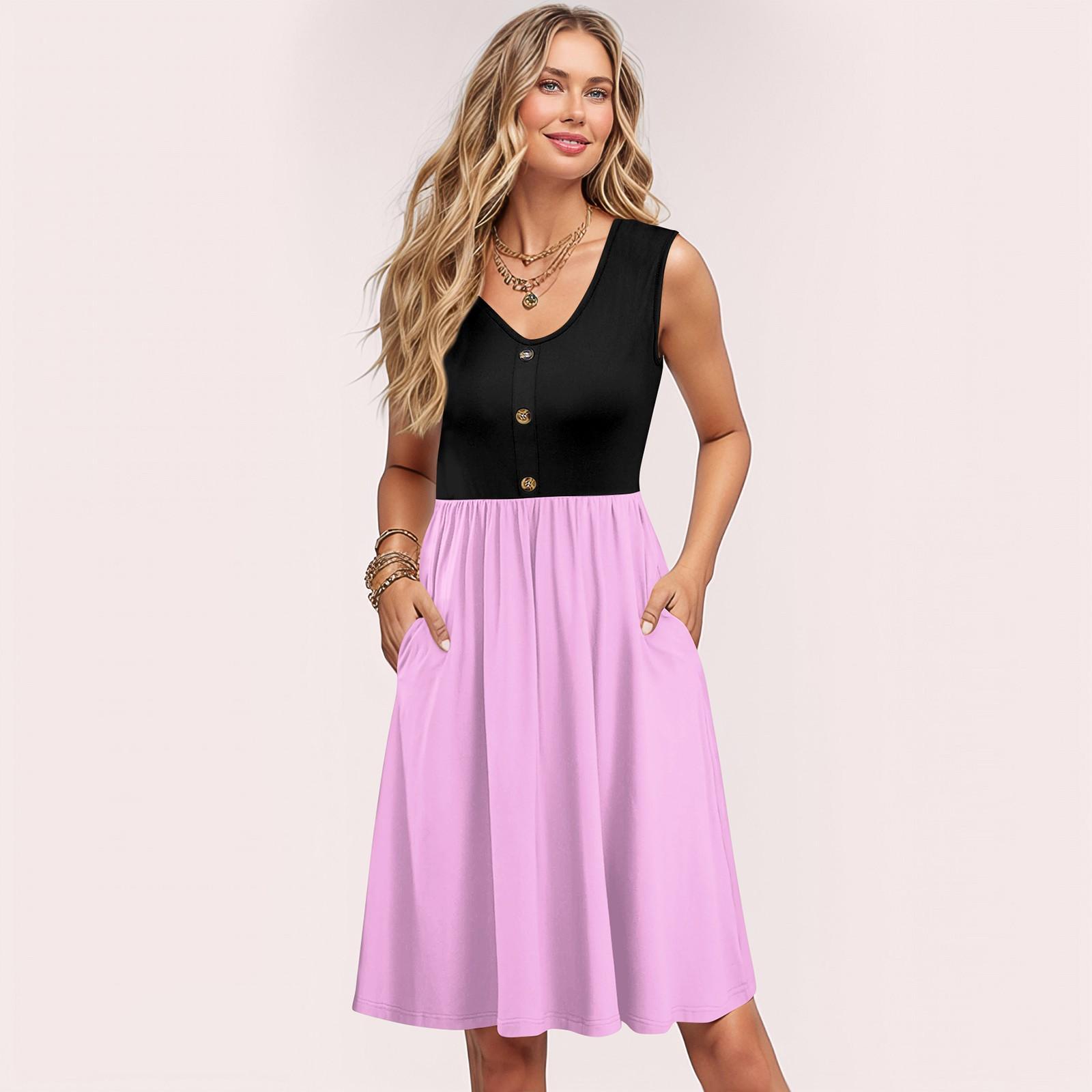 

Women Summer Dresses Sleeveless Casual Loose Swing Button Down Midi Sundress With Pockets S рожевий