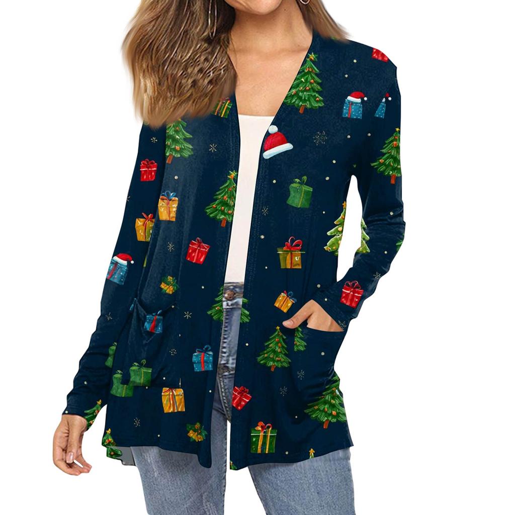 Women's Fashion Christmas Print Long-Sleeved Pocketed Slim-Fit Cardigan Coat