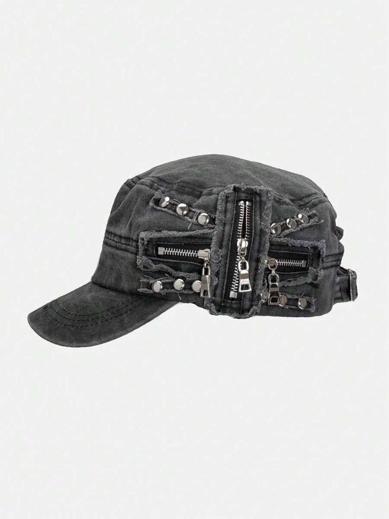 Grunge Punk Vintage Rivet Washed Flat Top Cap Distressed Denim Military Style
