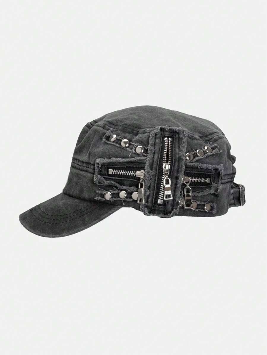 Zealous Sole Men's Black Grunge Punk Vintage Rivet Washed Flat Top Cap Distressed Denim Military Style Cm