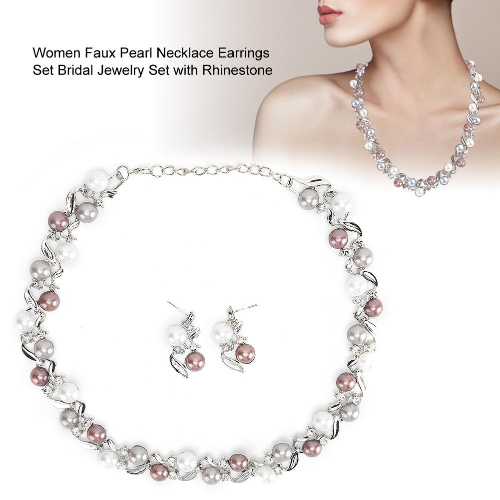 Women Faux Pearl Necklace Earrings Set Bridal Jewelry Set with Rhinestone (Silvery White)