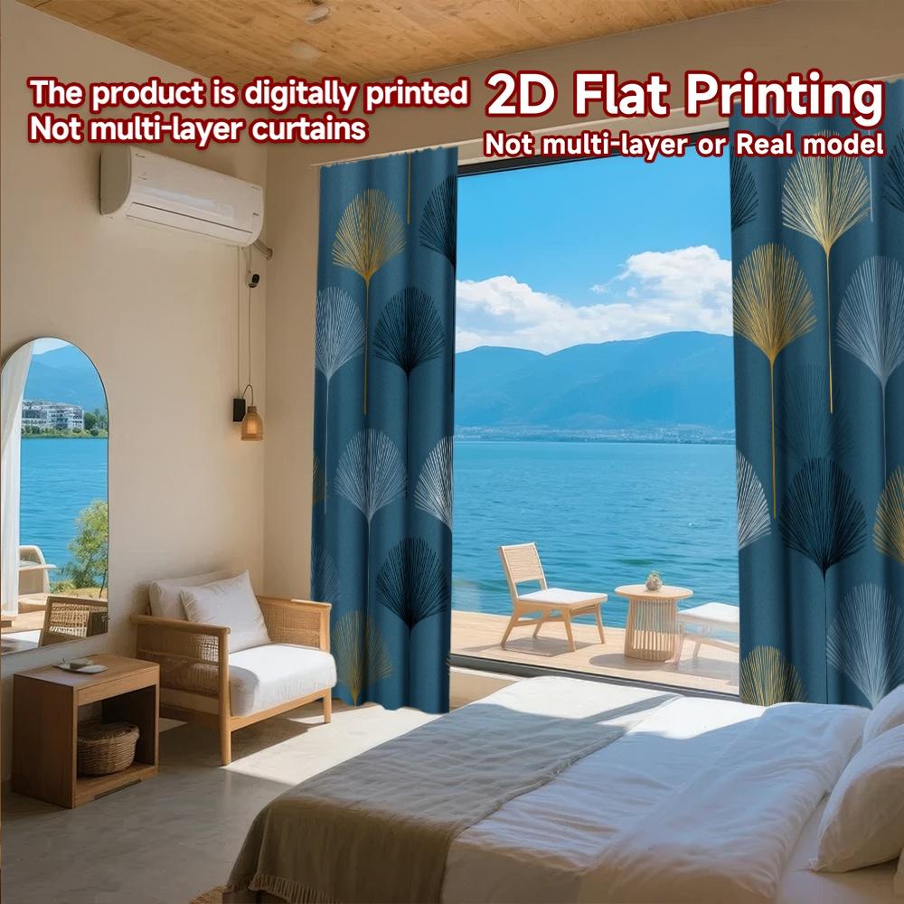 Set Of 2 Minimalist Flat Printing Curtains Without Rod Ginkgo Leaf Design Ramadan Festival Fabric Curtain Made Polyester Machine Washable