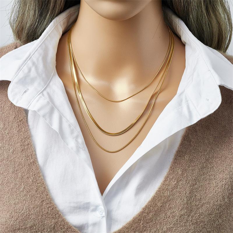Gold Plated Triple Layer Herringbone Chain Necklace Fashion Jewelry for Women