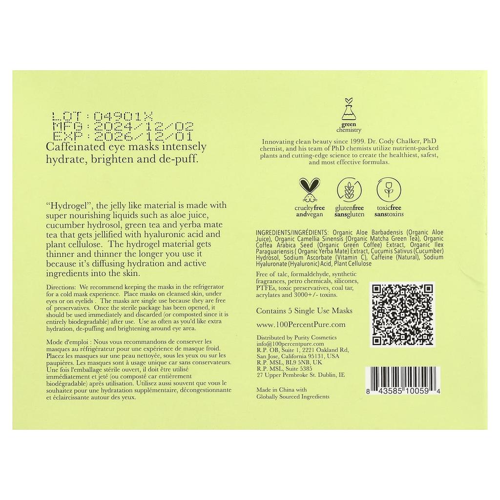 100% PURE, Bright Eyes, Hydrogel Eye Mask, 5 Sheets, 8g (0.28oz) Each