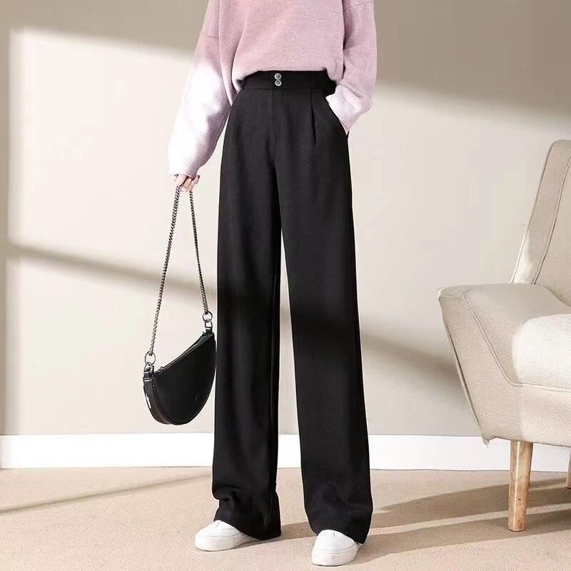 Winter Women Cotton Pants Casual Solid Color Wide Leg High Waist Female Straight Long Trousers