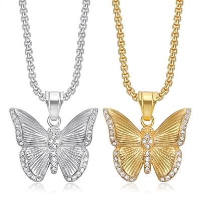 Fashion Simple Jewelry Titanium Steel Gold-Plated Inlaid Diamond Butterfly Pendant Necklace