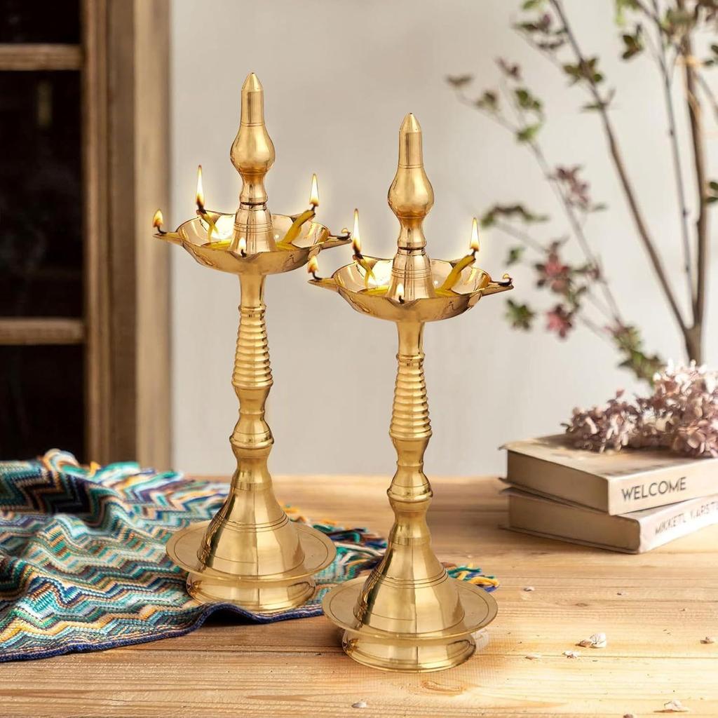 Set of 2 Brass Nilavilakku Kerala Diya Oil Lamp Stand for Home Decor Puja Room Temple Mandir Office Festival Panchmukhi Diya Decorations Items
