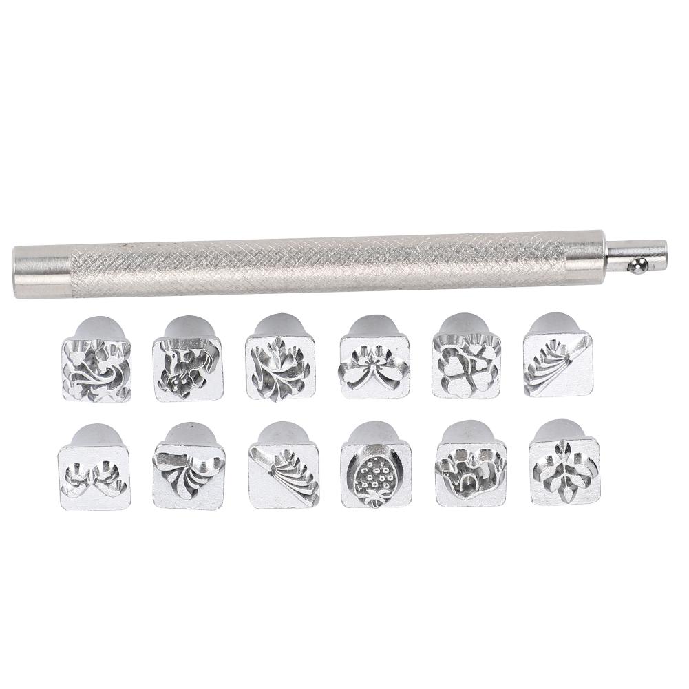 12Pcs Stamping Punch Tool Plants Animals Pattern DIY Leather Craft Carving Stamper 1Pc Handle