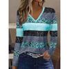 Ladies' Elegant Turquoise Blue and Black Striped V-neck Long Sleeved Top