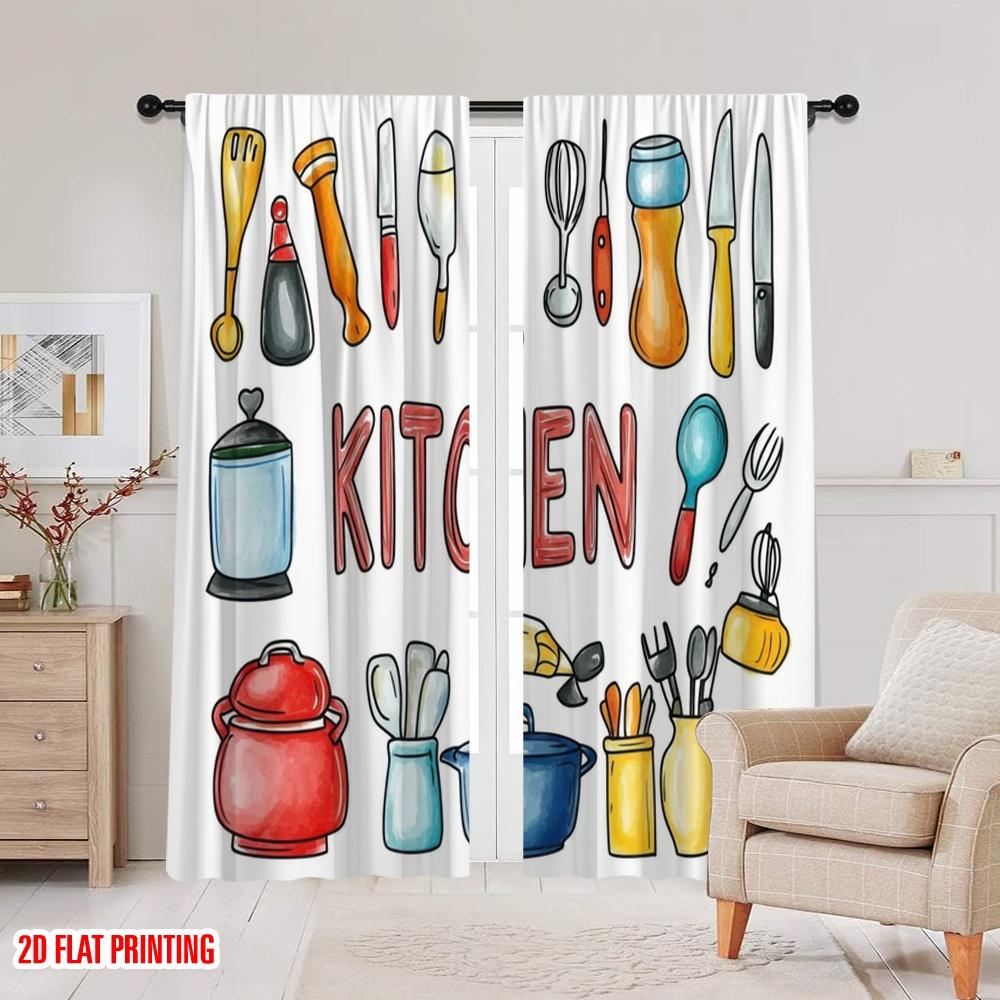 2 szt., druk płaski 2D Zasłony Narzędzia kulinarne Sztuka Poliester Łatwy montaż (bez pręta) Do użytku na wszystkie pory roku do sypialni i różnych innych miejsc