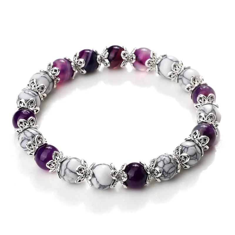 Bracelet en pierre de Howlite blanche pour femmes, 8mm, breloque d'espacement en métal, Agates naturelles, perles de Quartz Rose, Bracelets pour hommes, bijoux cadeaux