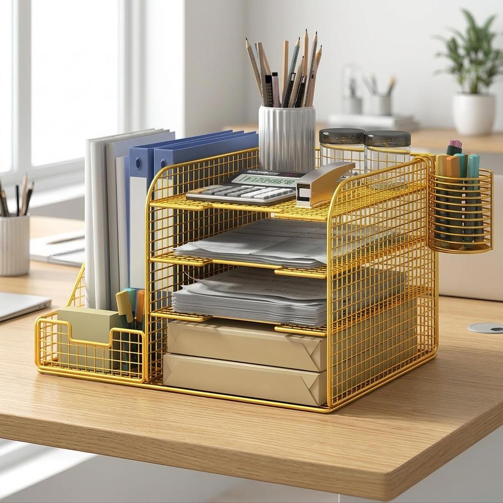 Desktop File Organizer with Pen Holders Wire Paper Sorter Metal for Office