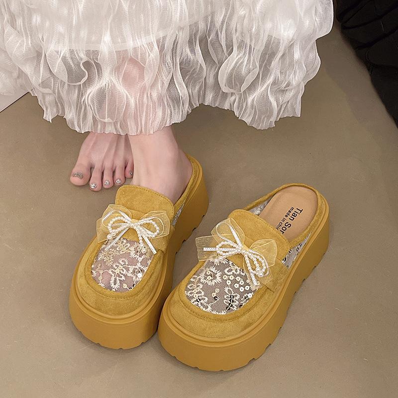 Temperament celebrity half slippers mesh yarn breathable bag head drag summer new wear Mary Jane shoes platform heightening sandals