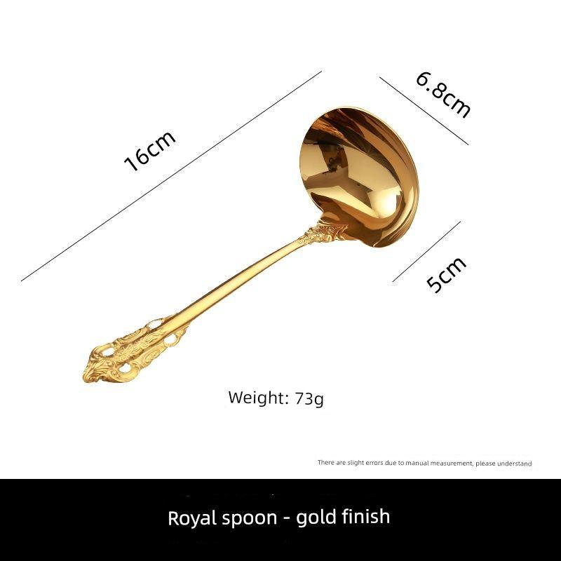 Steel Spoon with Palace-Style Embossed Handle, Golden Small Soup Spoon, Short-Handled Kitchen Spoon for Home Use, Suitable for Serving Porridge