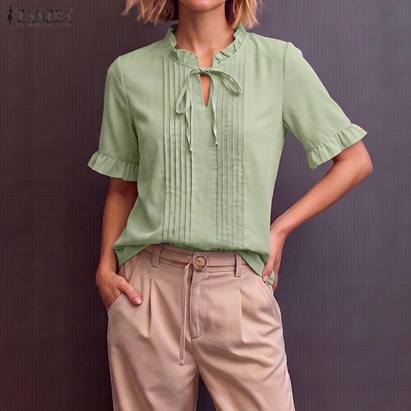 ZANZEA Women Elegant Lace-Up Round Neck Summer Casual Half Sleeve Blouse