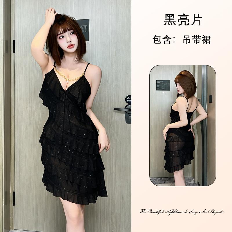 

Women s Multi-Layer Ruffle Cami Nightgown Deep V Chain Decor Sexy Loungewear 895 Playful Glamorous Sleepwear with Trendy Chain Accents L