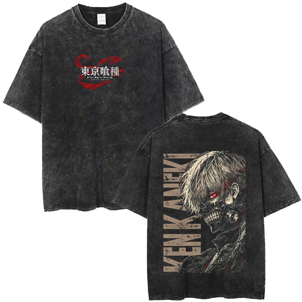 Anime Tokyo Ghoul Vintage Washed T-shirt Cartoon Kaneki Ken Graphic T Shirt Retro Manga Harajuku Oversized T-shirts Unisex