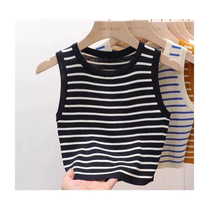 Women's Striped Sleeveless Camisole - Summer Knit Ice Silk Top