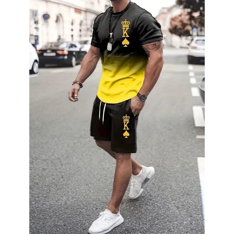 Abito casual da uomo estivo, due pezzi oversize, semplice, casual, streetwear, stampa king, abito da spiaggia, maglietta da uomo, pantaloncini, abbigliamento sportivo