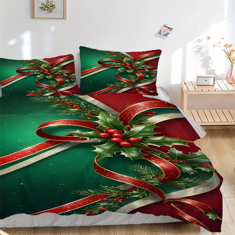 

3pc Christmas Holly Berries Red Gold Ribbon Home Bedding Set Universal Three-Piece Suit Suitable for Bedroom,Guest Room,Living Room 135x200cm