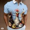 Casual Lapel T-shirt Young Men's Fashion Zipper T-shirt Short Sleeve T-shirt Men's 3D Chicken Graffiti Print T Shirt
