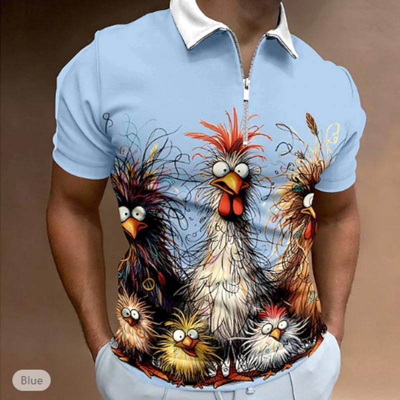 Casual Lapel T-shirt Young Men's Fashion Zipper T-shirt Short Sleeve T-shirt Men's 3D Chicken Graffiti Print T Shirt