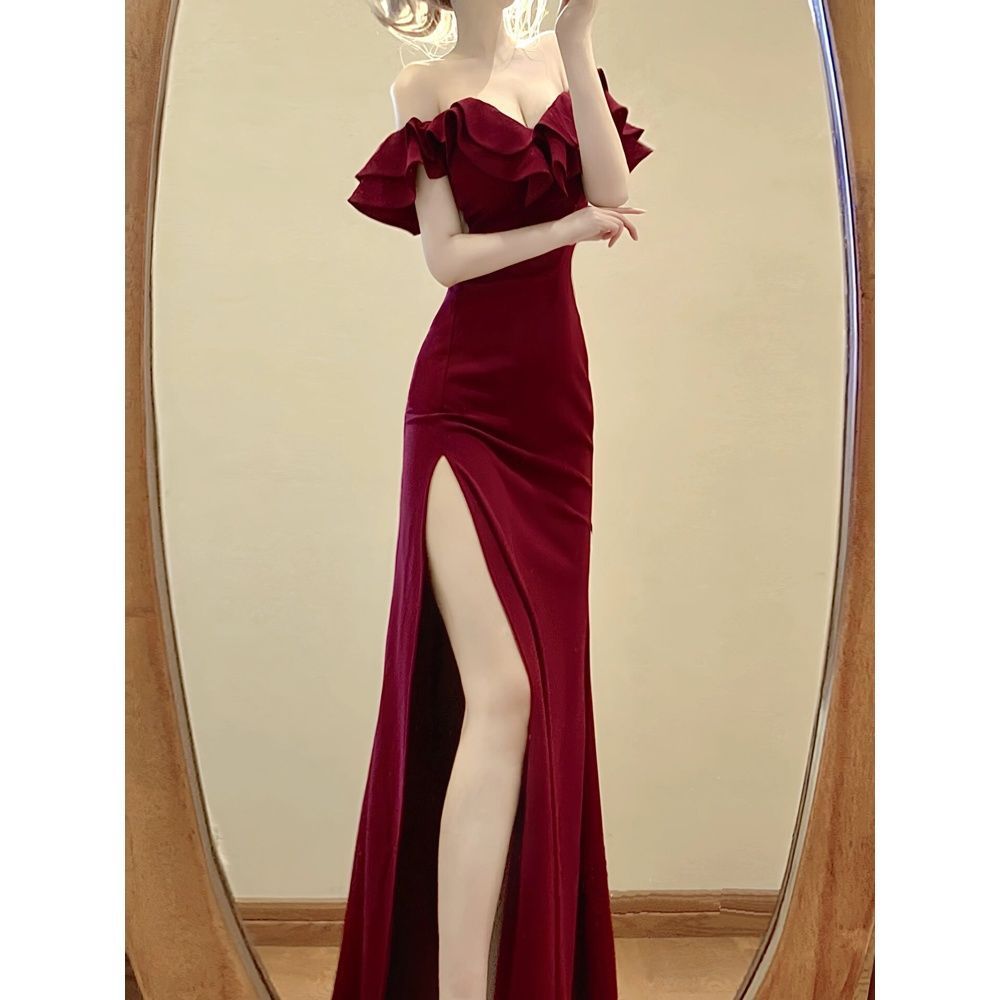Royal Sister Celebrity One-word Collar Off-the-shoulder Ruffle Edge Tube Top Dress Women's Summer Waist and Thin Split Leg Dress