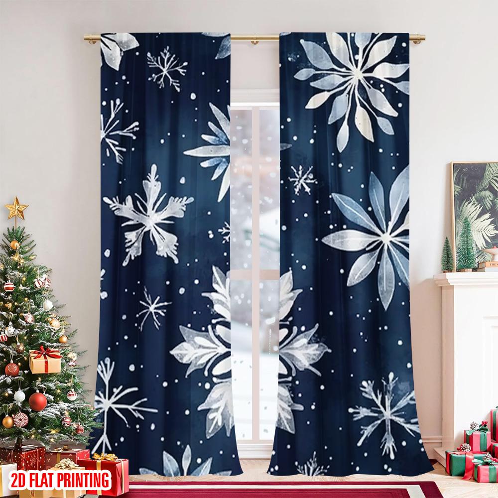 Set Of 2 Flat Printing Christmas Scene Curtain Blue Snowflakes Versatile Durable Polyester Without Electricity