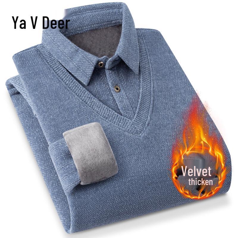 

Yalu Men s Fleece Lined Faux Two-Piece Shirt Collar Knit Sweater XL