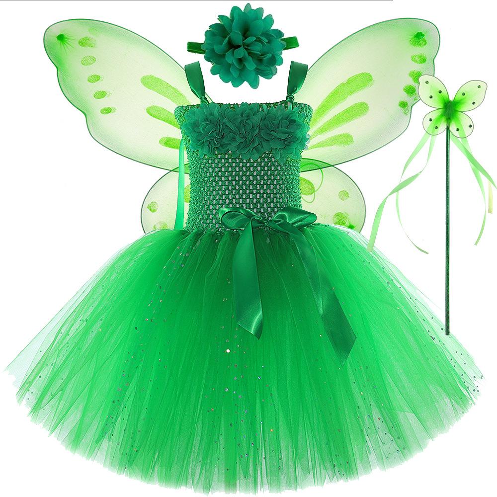 Girls' Green Sequin Tinkerbell Fairy Dress with Puffy Skirt