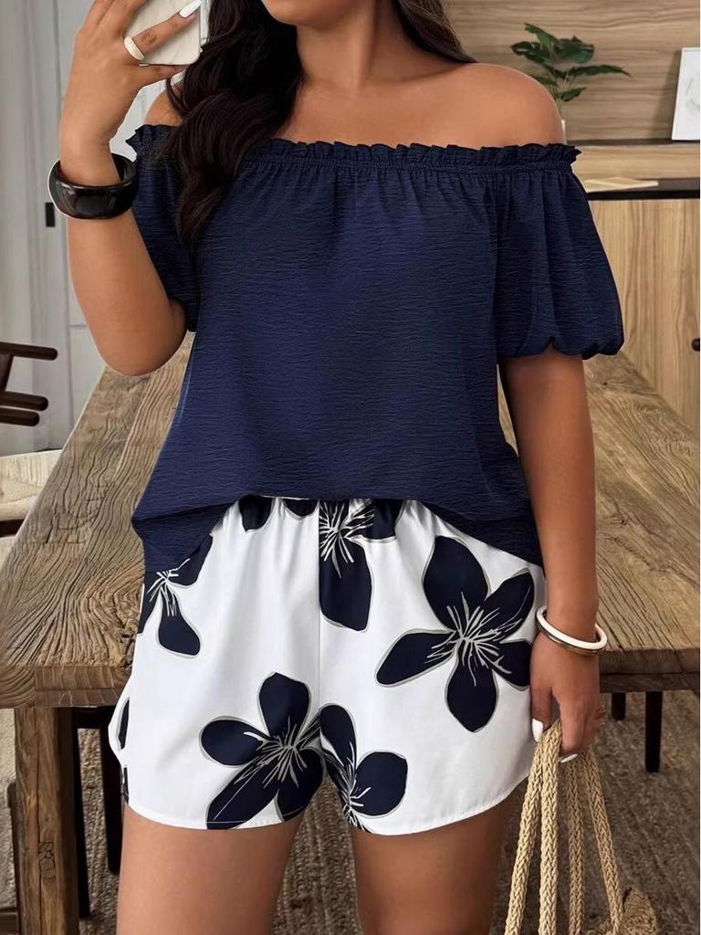 2026 European & American Cross-Border Summer Women's One-Shoulder Short Sleeve Shorts Set