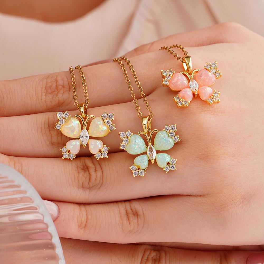Colorful Resin Heart Zircon Butterfly Pendant Necklace for Women Girls Stainless Steel Chain Sweet Cute Collar Jewelry Gifts