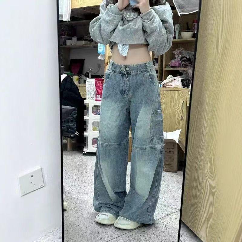 Damen 2025 Lässige gewaschene Cargojeans mit weitem Bein: Amerikanische Frühling & Herbst Kollektion