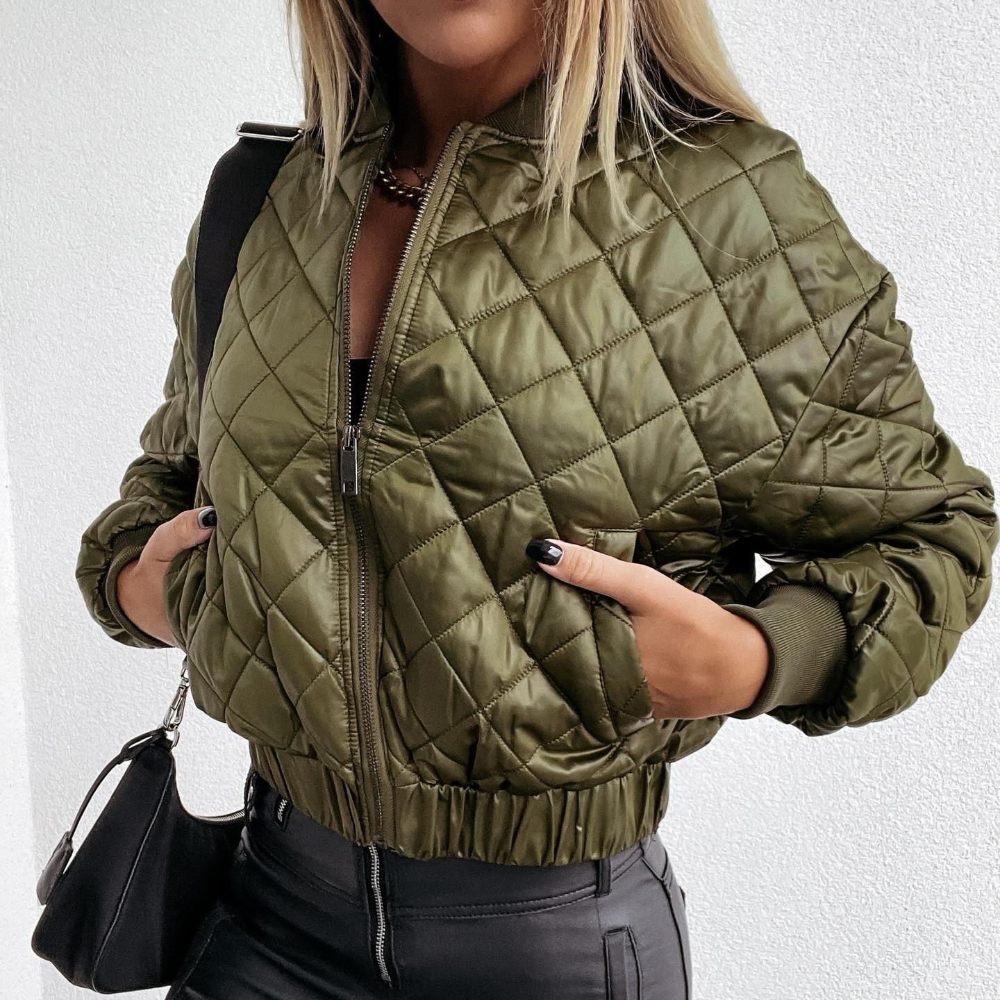 

IHUASU Осень-зима с длинным рукавом, однотонная короткая куртка на молнии, женские куртки и пальто с хлопковой подкладкой S зелёный