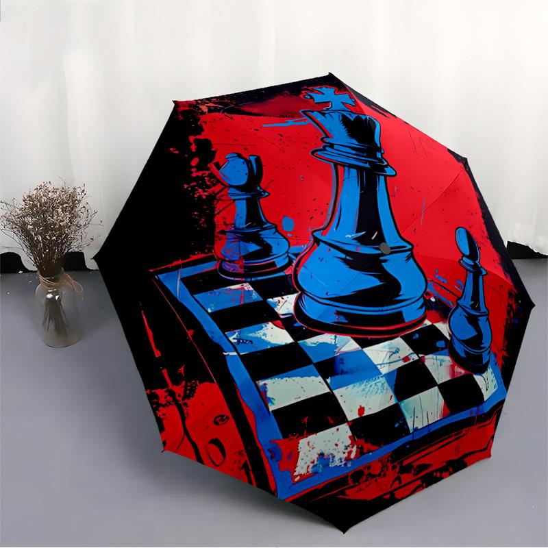 1pc Chess Strategy Automatic Folding Umbrella - Windproof Compact Travel Umbrella with Auto Open/Close, 8-Rib Heavy-Duty Shaft for Women/Men A007