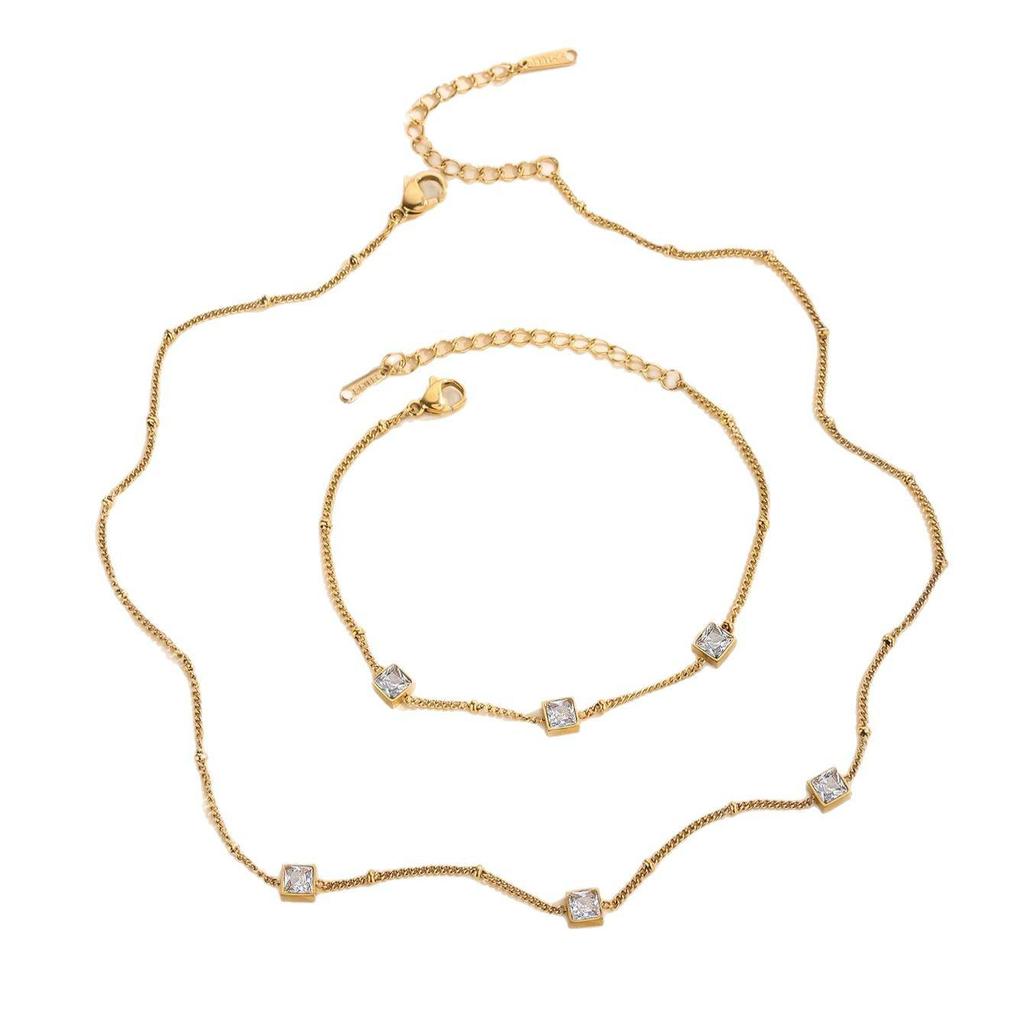 French Elegant White Zirconia Jewelry Set: Necklace, Bracelet & Earring Studs in Titanium Steel.