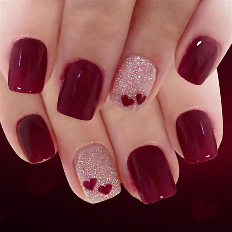 

ABS Durability Press On Nail Red Glitters Hearts Short Square Artificial Nail Light weights Comfort for Long Lasting Wea 1
