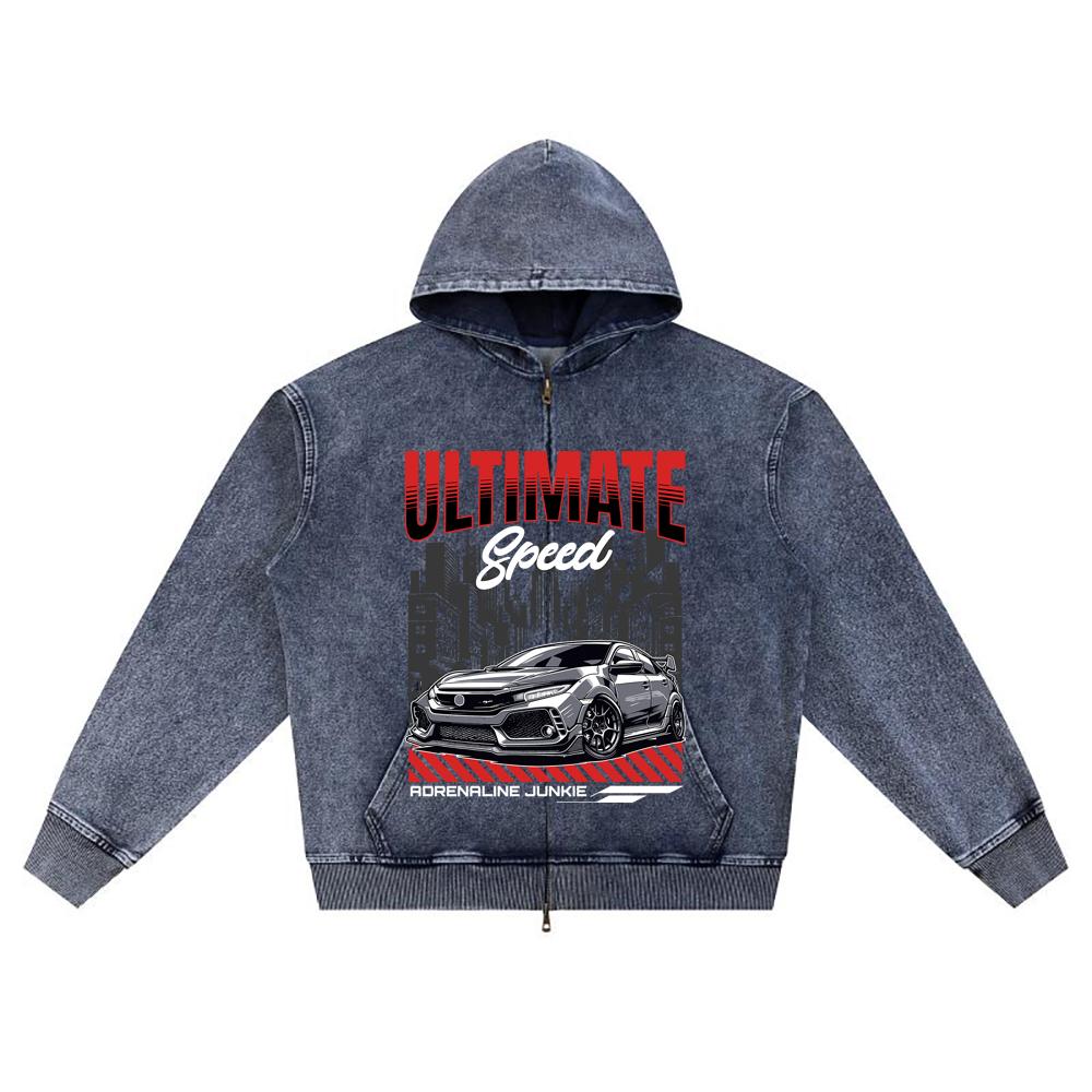 

DTG print Knitted Denim Zip-Up Hoodie Ultimate Speed Brother Print Zipper Hoodies XL темно-синий