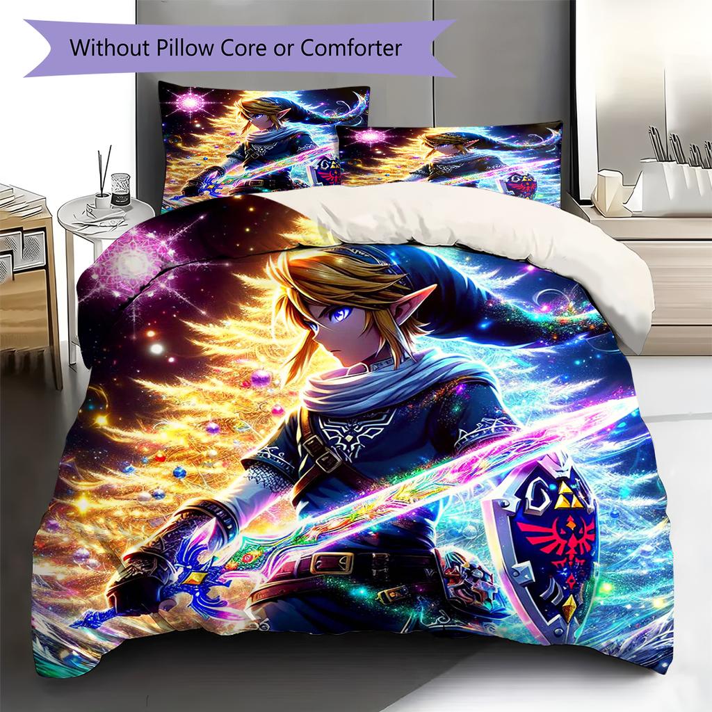 Link Zelda Vzor Ložní povlečení Sada prošívaných dek a povlaků na polštáře Domácí dekorace Dárek (1 * povlak na peřinu + 2 * povlak na polštář, bez jádra)