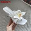 Fashion 2025 New Fashion Flower Women Thin Heels Pumps Slides Shoes Female Flip flops Square Toe Ladies Heeled Sandals Shoes Big Size 43