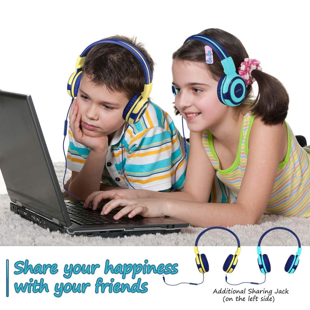 SIMOLIO Kids' Headphones with Shared Port, Microphone, and Volume Limiting for Kids, Boys, Girls, and Teens, Wired Headphones with 3.5mm Stereo Plug