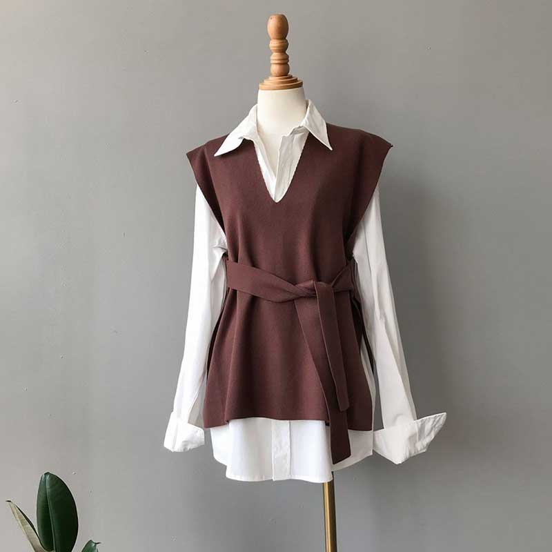 Split Hem Waist Coat with Belt Women's Autumn and Winter V-neck Knitted Vests Outer Wear Korean Version Loose Vest Women's Sleeveless Top