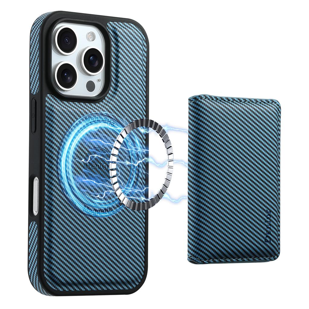 DENIOR For iPhone 16 Pro Max Magnetic Case Carbon Fiber Texture Leather Back Cover with Detachable Card Bag