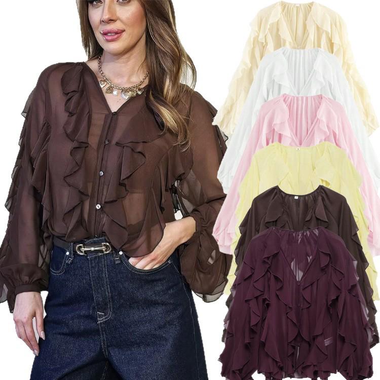 European and American V-Neck Layered Long-Sleeve Women's Spring/Summer Pullover Shirt