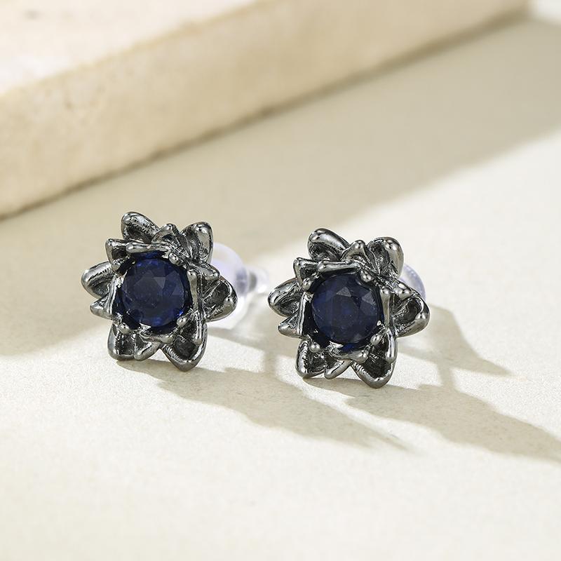 

New Retro Gun Black Flower Earrings, Paired with Blue Color Inlaid Zircon, Women s Fashionable and Trendy Accessory Gift
